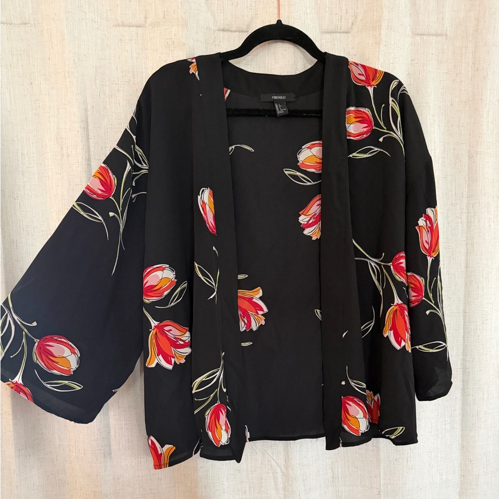 Forever 21 Black Floral Kimono with Red & Yellow Tulip Accents